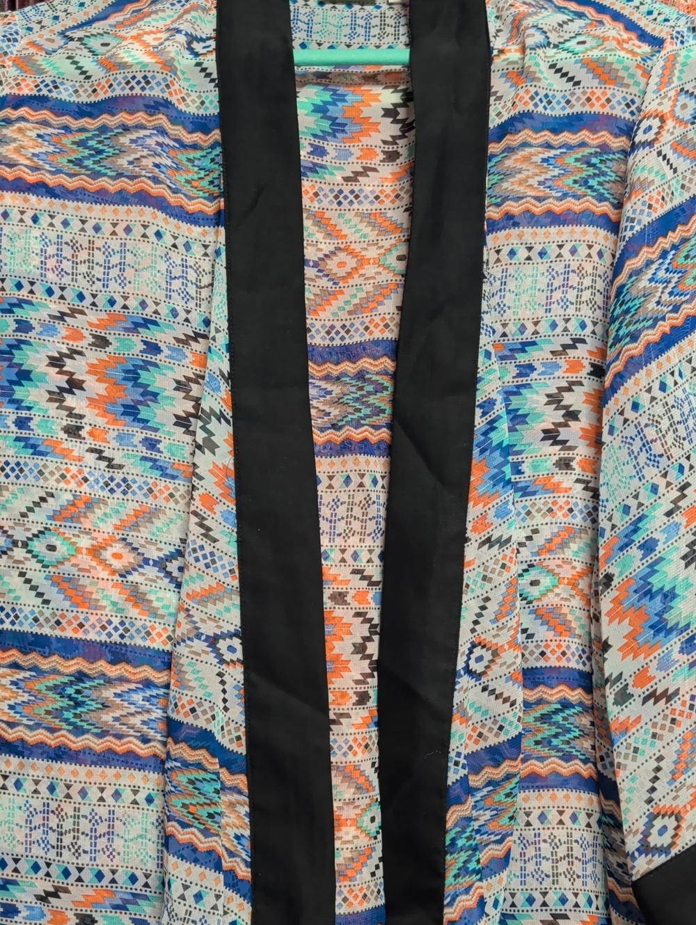 Cato Multicolor Geometric Open-Front Jacket with Black Trim